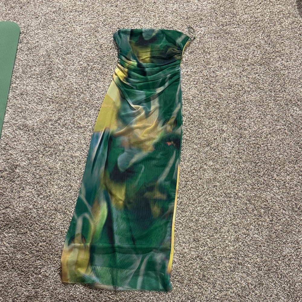 Zara Strapless Maxi Dress in Green and Yellow Abstract Print